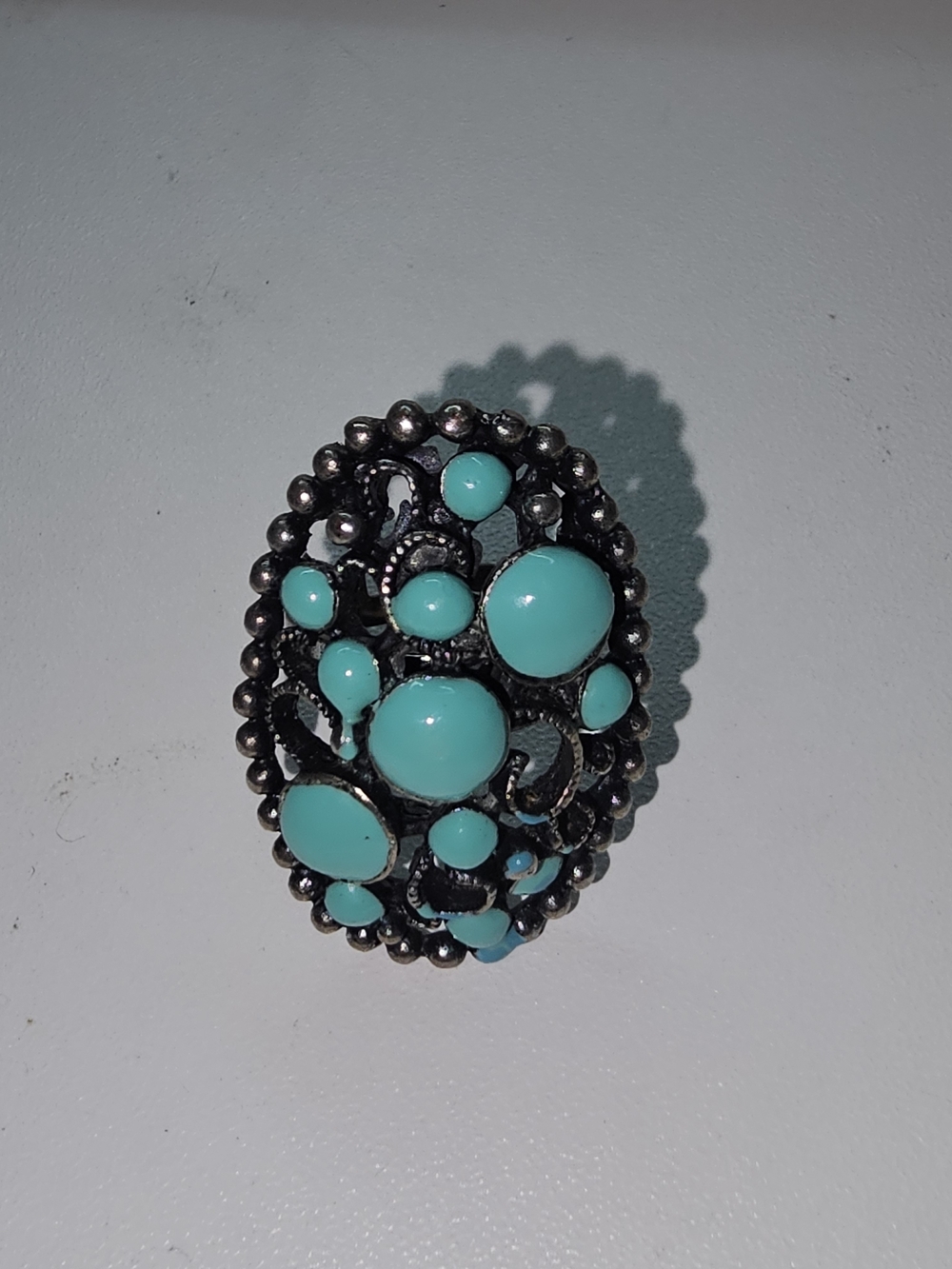 Vintage Turquoise Statement Ring Adjustable Black Silver Boho Southwestern